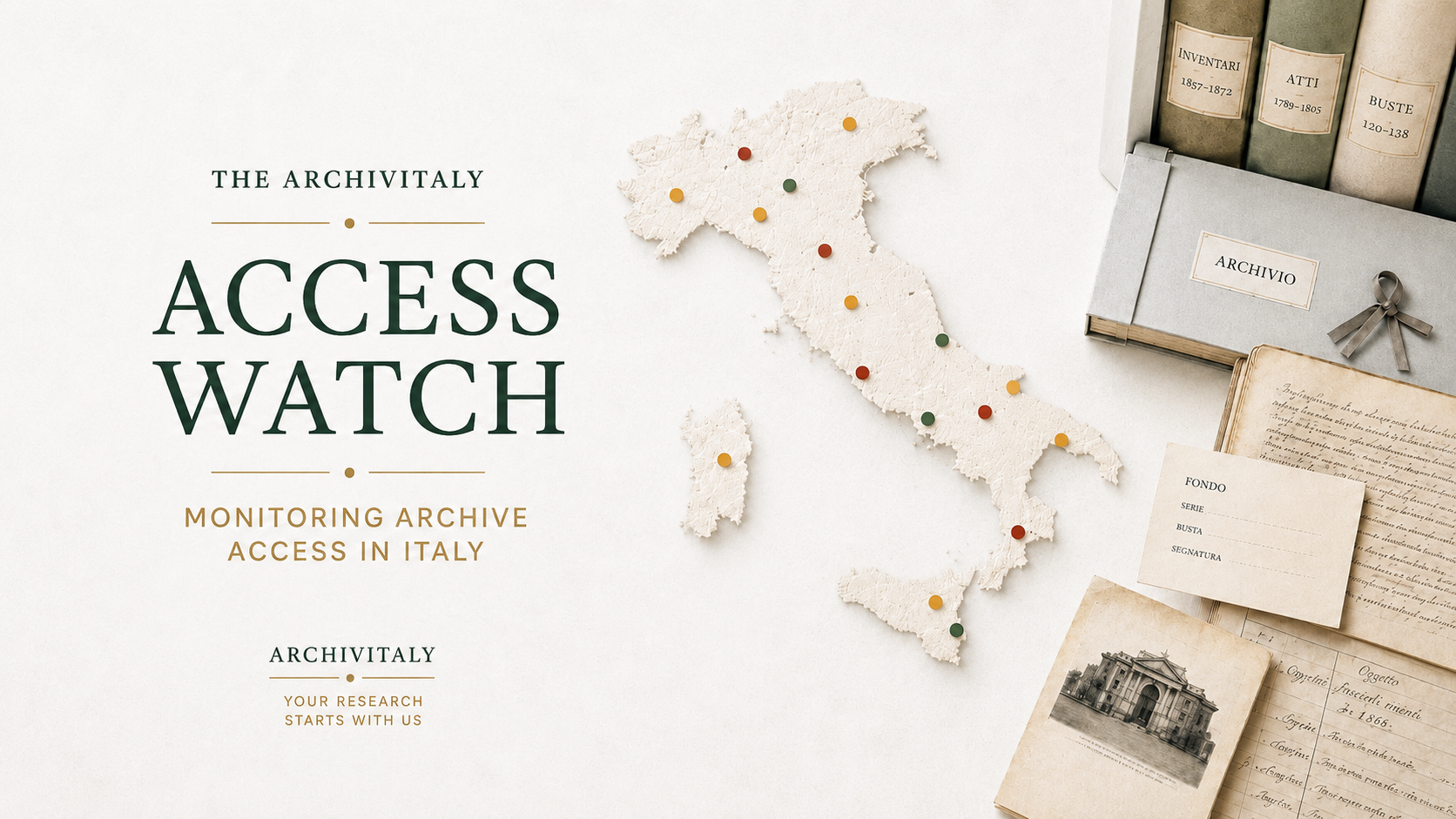 Archivitaly Access Watch cover with a map of Italy, archival materials, and highlighted archive access points