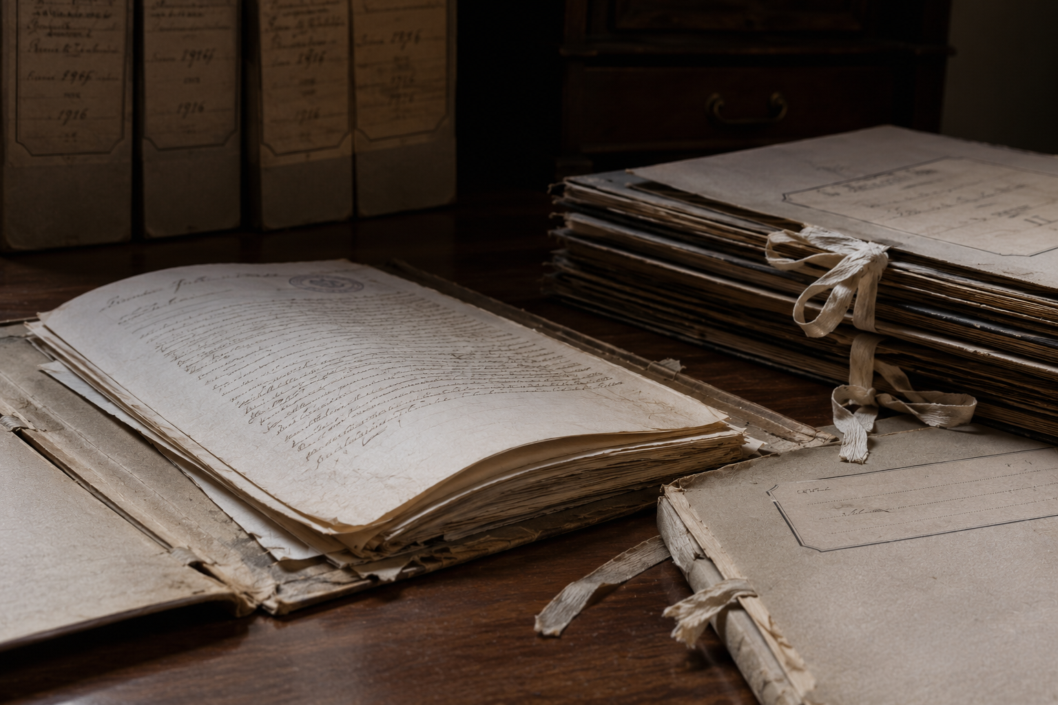 Pre-Research Brief Template for Archive Projects Pre-research brief template for archive projects, shown through historical folders, handwritten documents and tied archival papers on a wooden desk.