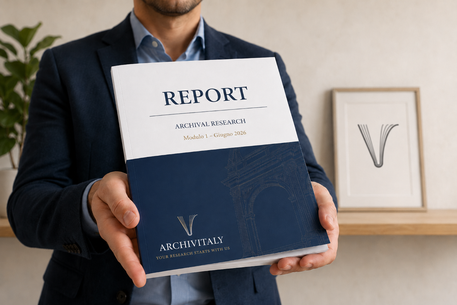 Professional Research Report Booklet Professional research report booklet held in a modern office, with the Archivitaly logo and the word report on the cover.