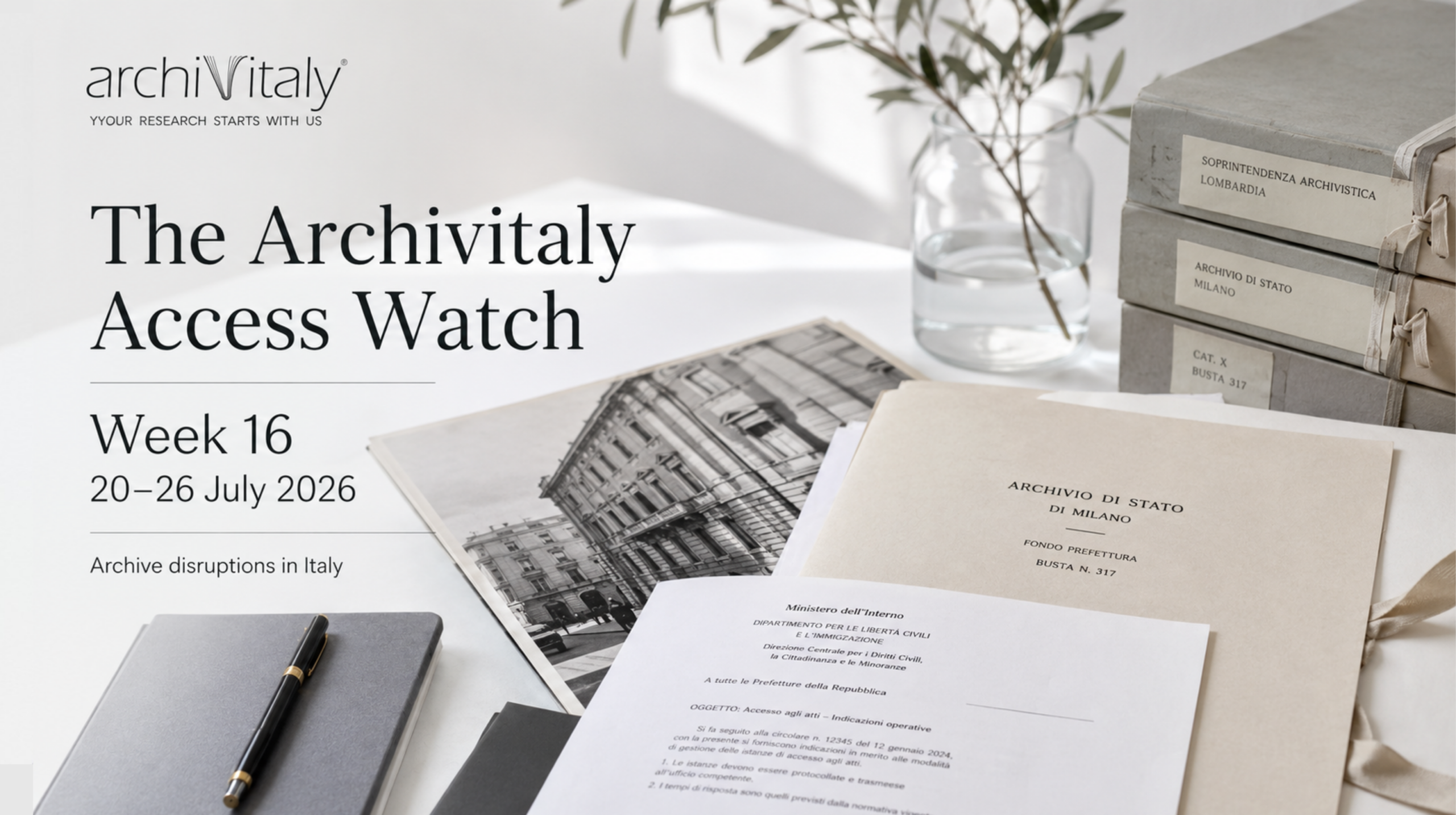 Archivitaly Access Watch #16 Archivitaly Access Watch Week 16, archive disruptions in Italy from 20 to 26 July 2026, with archival folders and research documents.
