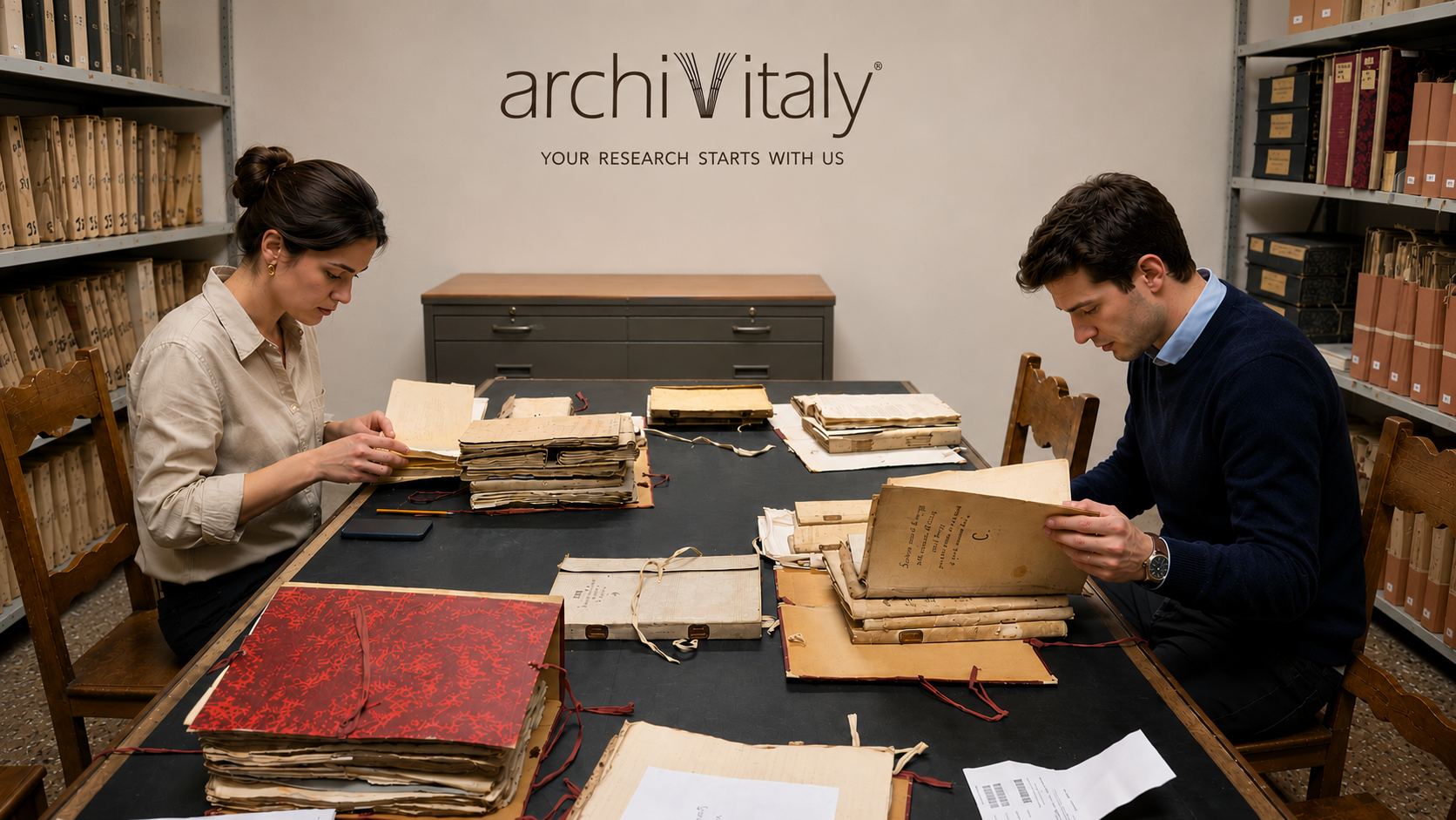 Researchers Consulting Documents in an Italian Archive Italian archives FAQ illustrated by two researchers consulting historical documents in an archival reading room