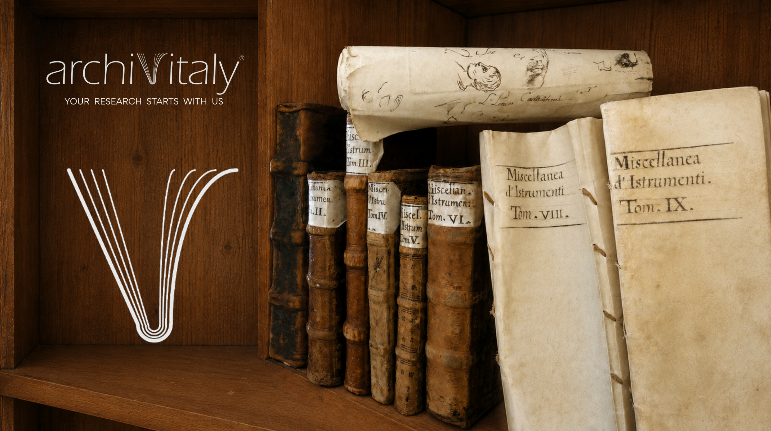 Personal Names in Italian Archival Records Historic notarial volumes and manuscript bundles in an Italian archive, illustrating research into personal names in Italian archives.