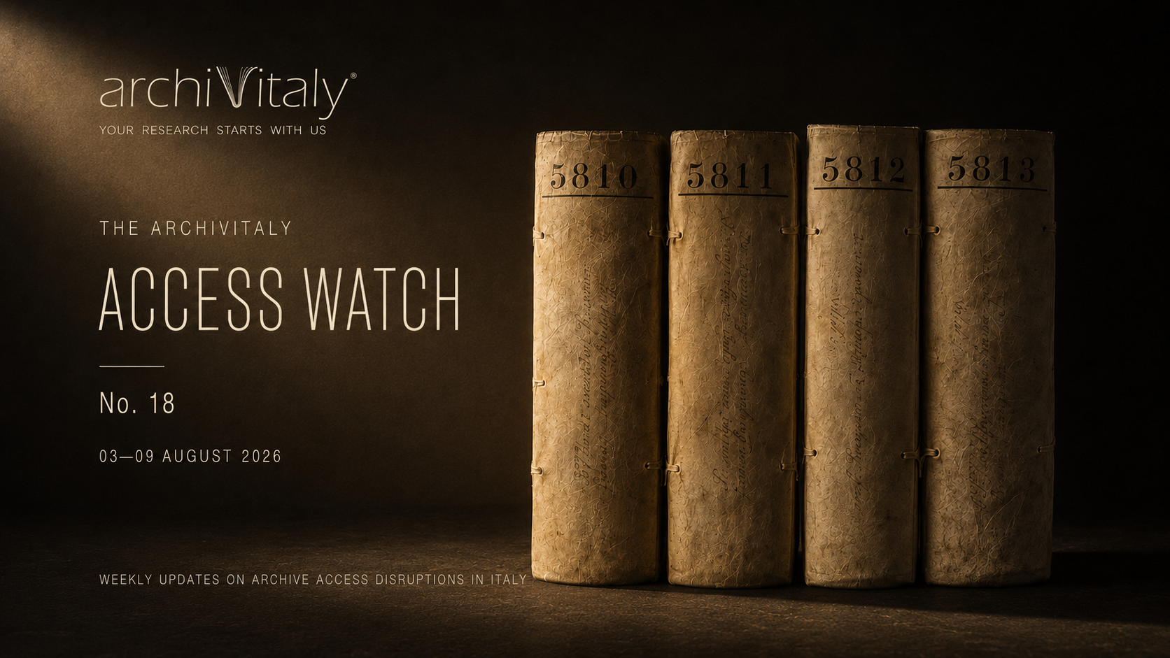 Archivitaly Access Watch #18, 3–9 August 2026, with four historic archival volumes.