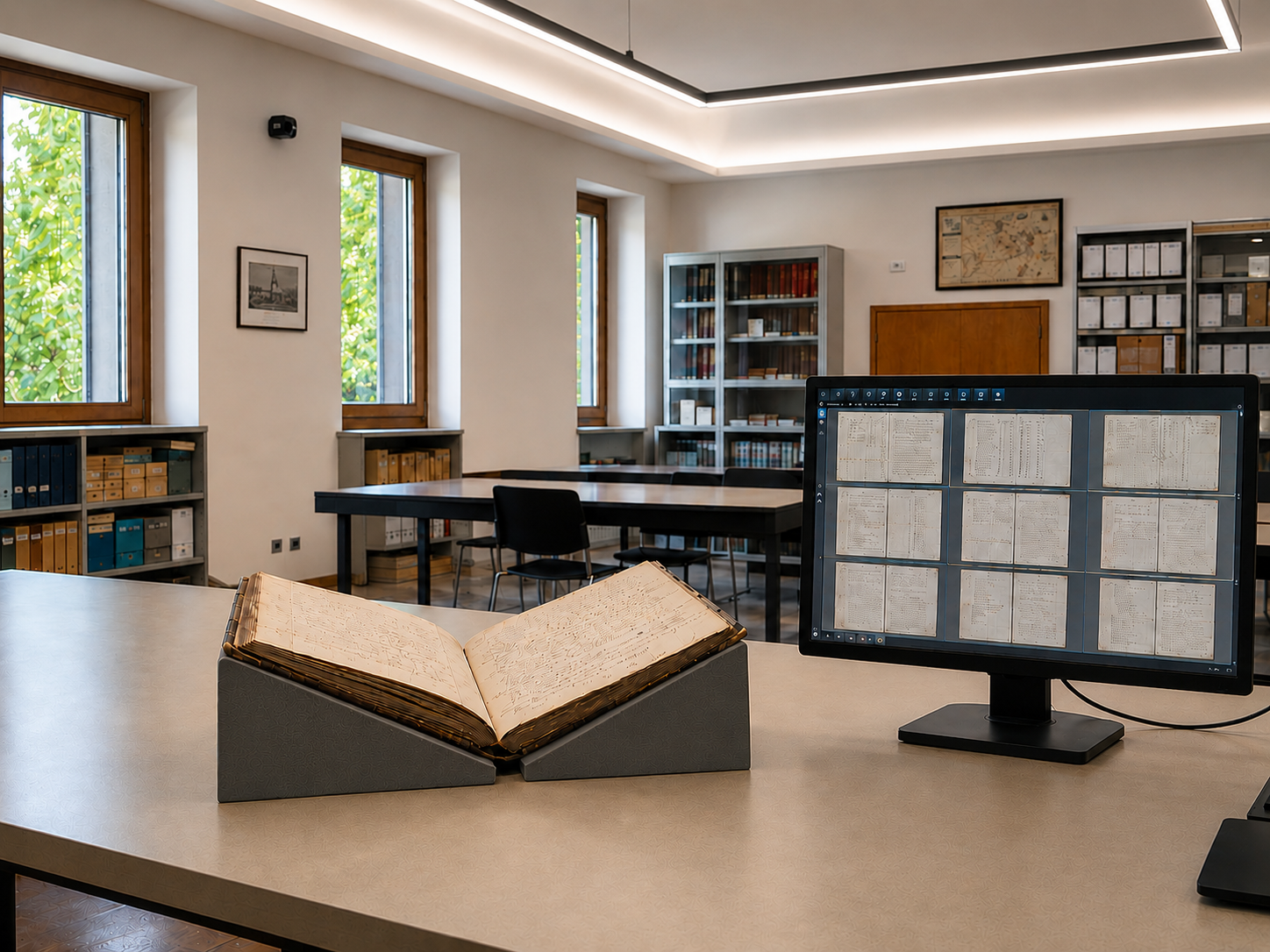 Digitised State Archives in Italy consulted through an archival reading-room computer.