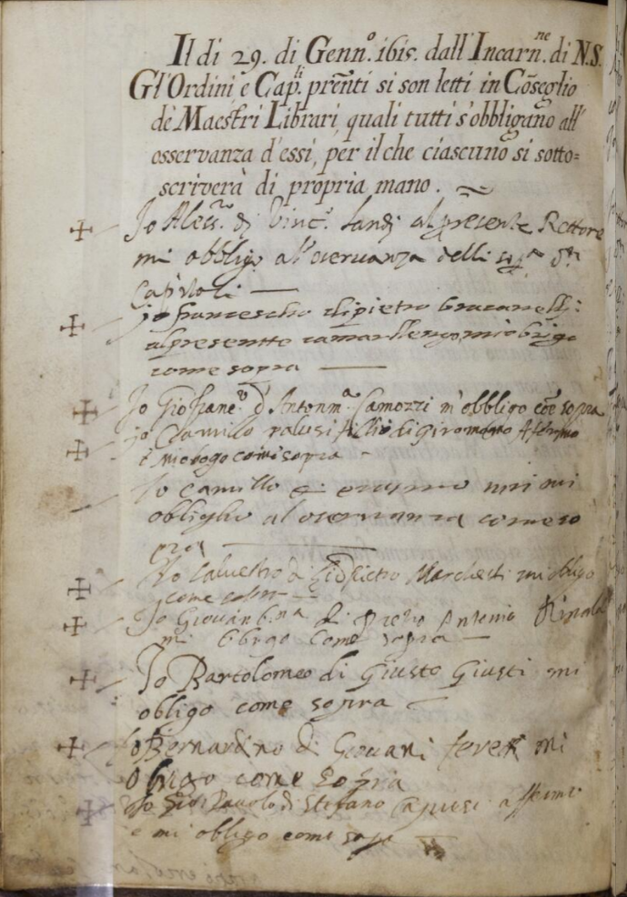 Folio 23v of the 1615 statutes of the Sienese Guild of Stationers and Booksellers, showing multiple hands and abbreviated forms.