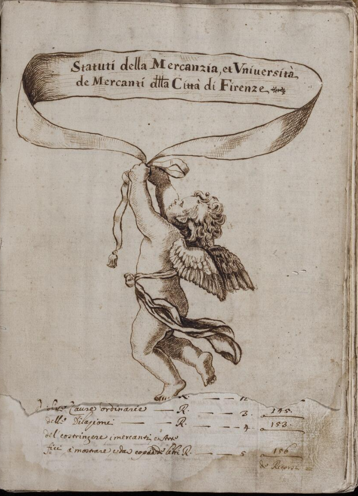 Frontispiece of the Florentine Mercanzia statutes, c. 1580, written in a formal professional Italian hand.