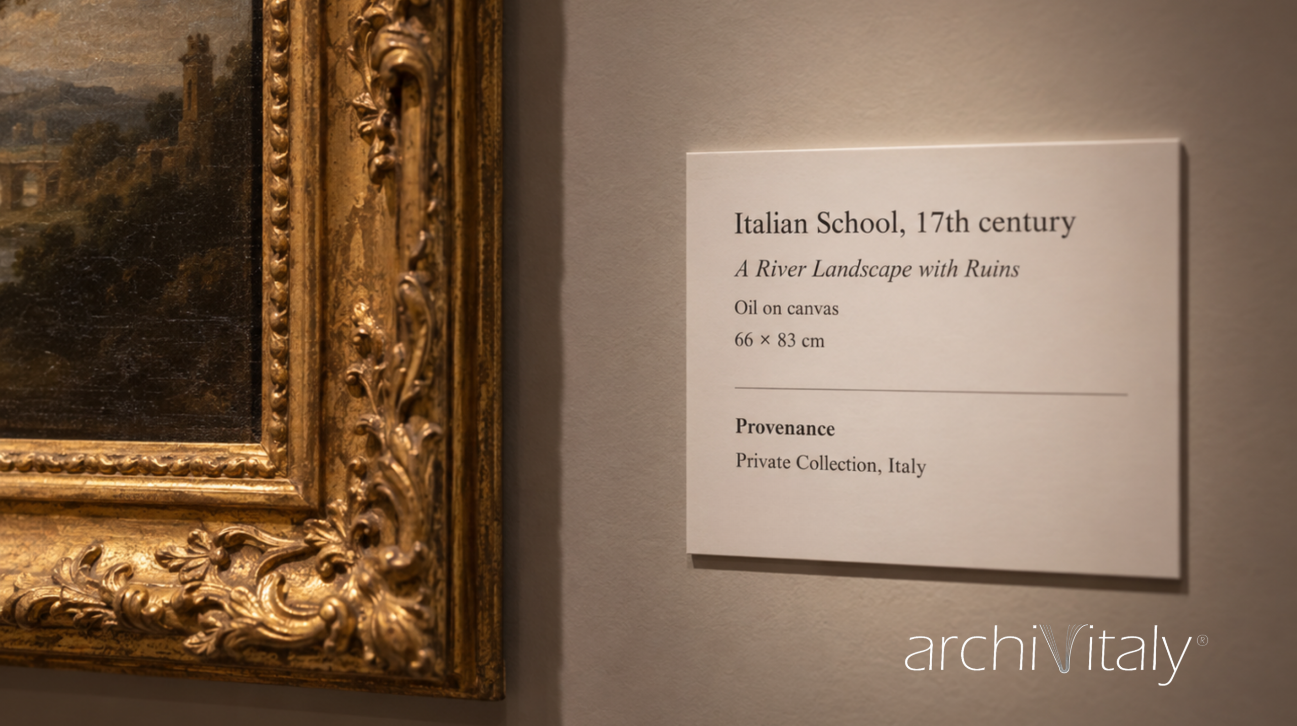 Incomplete Provenance: Private Collection, Italy Gallery label beside a seventeenth-century Italian landscape listing only “Private Collection, Italy” as provenance.